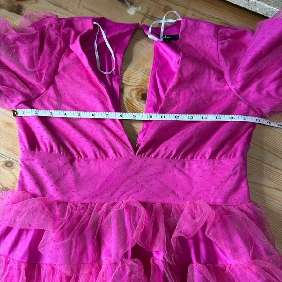 Lulus Dramatic Poise Hot Pink Dot Tulle Puff Sleeve Tiered Mini Dress - Picture 7 of 9